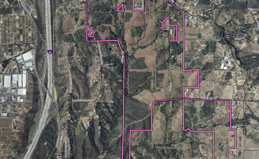 An aerial map of the site of the proposed Lilac Hills Ranch development. Interstate 15 is on the left.