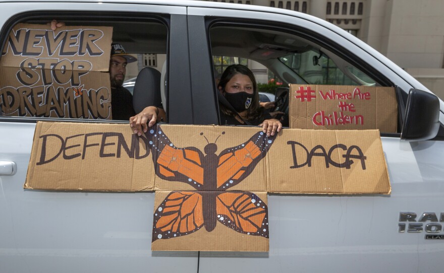 People are pictured demonstrating in June in favor of the Deferred Action for Childhood Arrivals program. Immigrant rights advocates hailed Friday's ruling allowing new applications as a "huge victory for people who have been waiting to apply for DACA for the first time."