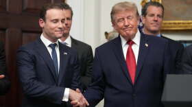 President Donald Trump shakes hands with Commodity Futures Trading Commission (CFTC) Chairman Michael Selig during a meeting with technology leaders in the Roosevelt Room of the White House, Wednesday, Aug. 19, 2026, in Washington.