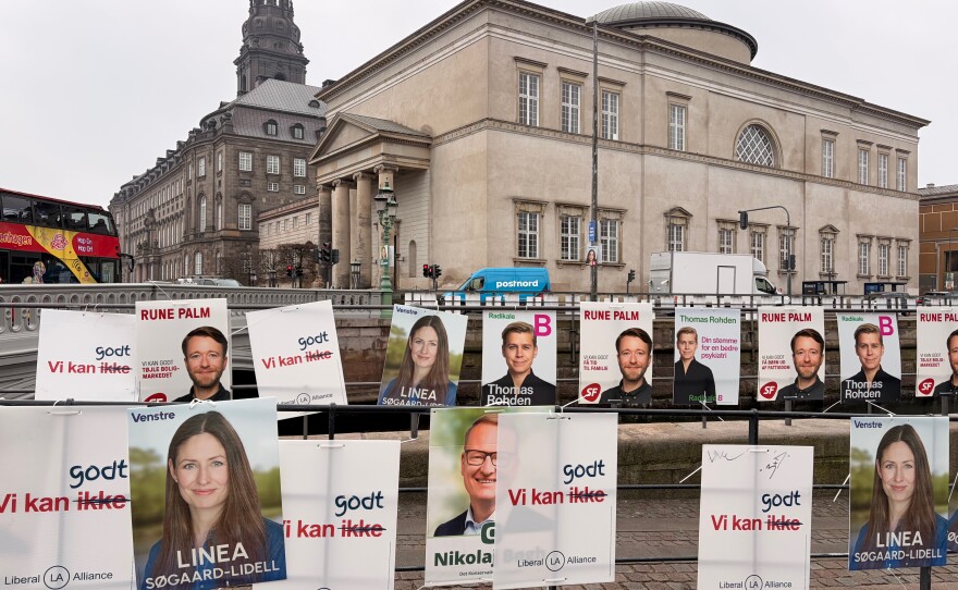 Parliamentary election campaign posters line the streets leading up to the Parliament building in Copenhagen, Denmark.