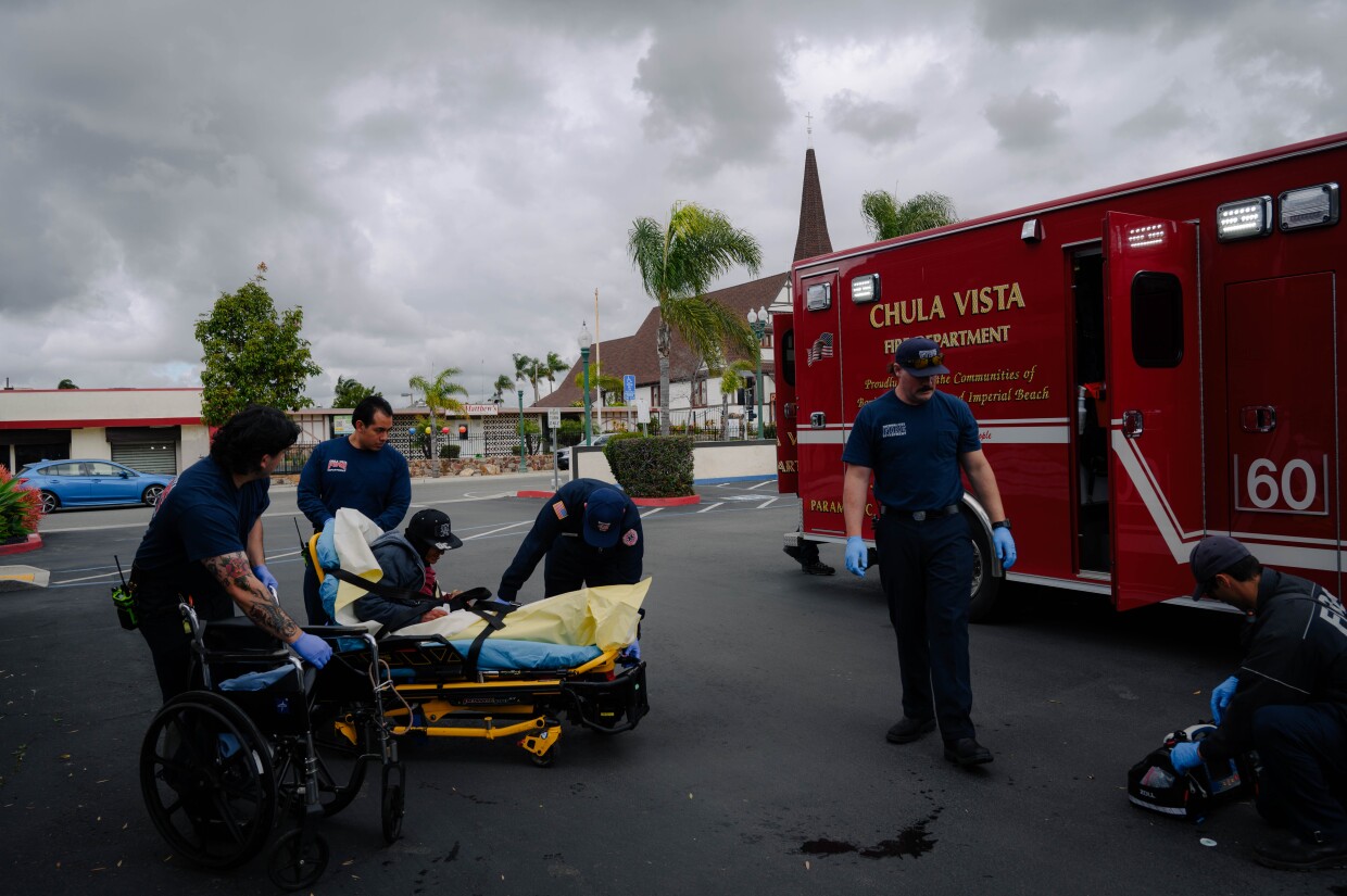 Chula Vista Fire Department paramedics respond to an emergency call from National City's HOME team in National City, California on March 7, 2024. National City is the second in San Diego County to move away from a police-led response to homelessness and toward trained caseworkers.