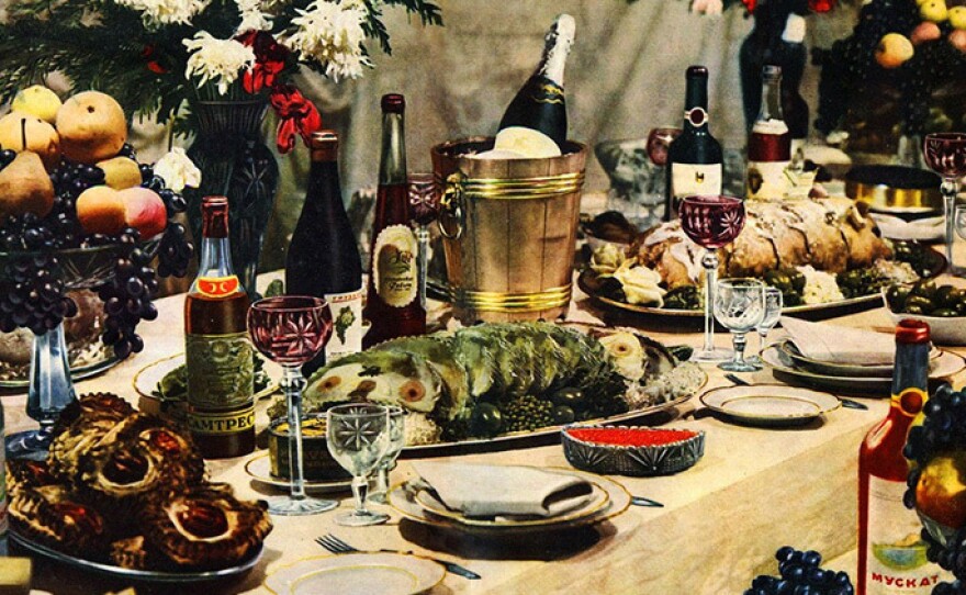 A banquet spread is pictured in the 1952 edition of <em>The Book of Tasty and Healthy Foods. </em>The cookery book, published in the former Soviet Union, promoted a <a href="http://www.ft.com/cms/s/2/3bcf8f22-0545-11e3-9ffd-00144feab7de.html#slide0">fantasy of abundance</a> at a time when privations abounded.