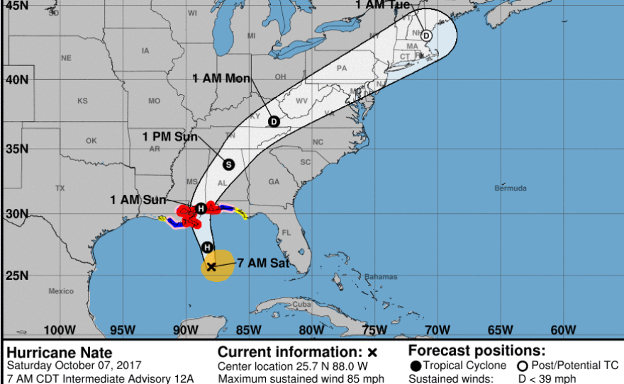 Projected three-day path of Hurricane Nate.