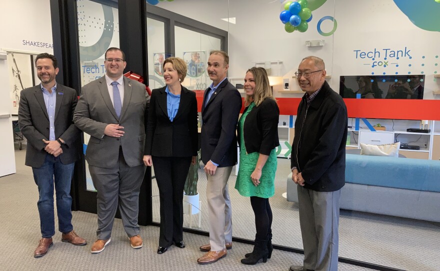 La Mesa dignitaries and company leaders from San Diego Oasis and Cox Communications pose prior to cutting the ribbon for the Tech Tank at Grossmont Center Mall.