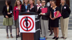 Female Calif. legislators and community leaders protest cuts to women and children's programs in Governor Schwarzenegger's proposed budget, on the steps of the state capitol in Sacramento, California on August 8, 2010.