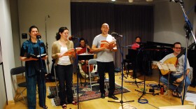 Members of the Bach Collegium San Diego performing in studio.