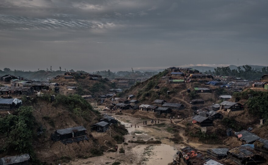 Rohingya refugees build makeshift shelters along the hills of Balukhali, a village in southern Bangladesh.