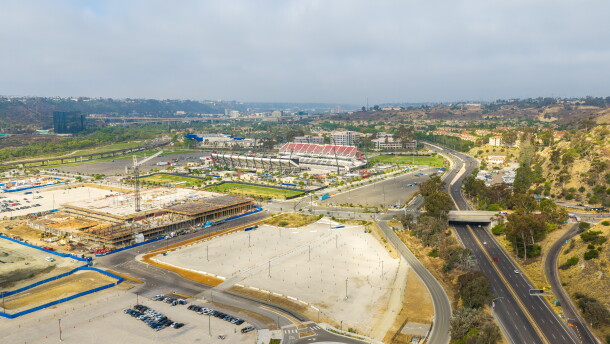 An undated aerial photo shows construction underway at SDSU Mission Valley.