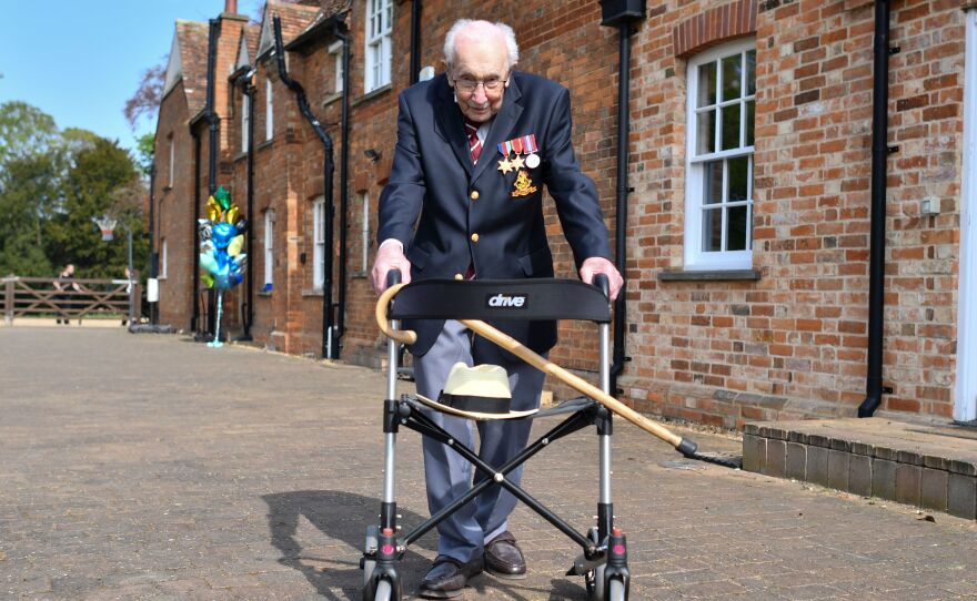 British World War II veteran Capt. Tom Moore raised more than $40 million for health care workers by walking laps in his garden in the weeks leading up to his hundredth birthday in April. He will be knighted in a private ceremony with Queen Elizabeth on Friday.