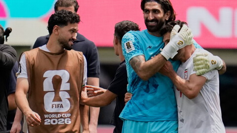 Iran players react at the end of the World Cup Group G soccer match between Belgium and Iran in Inglewood, Calif., near Los Angeles, Sunday, June 21, 2026.