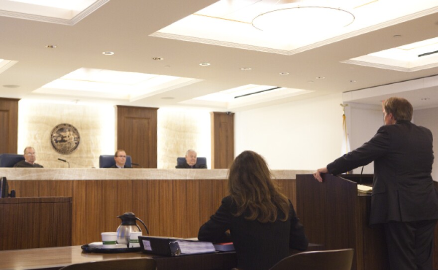 Attorney Steven Boehmer, representing the North County Transit District, is shown speaking at a state appeals court hearing over an effort by inewsource to obtain agency records, April 12, 2015. Seated to the left is inewsource attorney Guylyn Cummins.