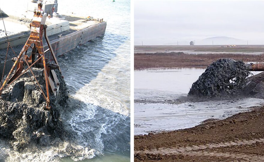 The Army Corps of Engineers releases two-thirds of dredged sediment at disposal sites. Using it for restoration, like at the Hamilton Wetland Restoration Project in San Francisco Bay (right), is generally more costly.