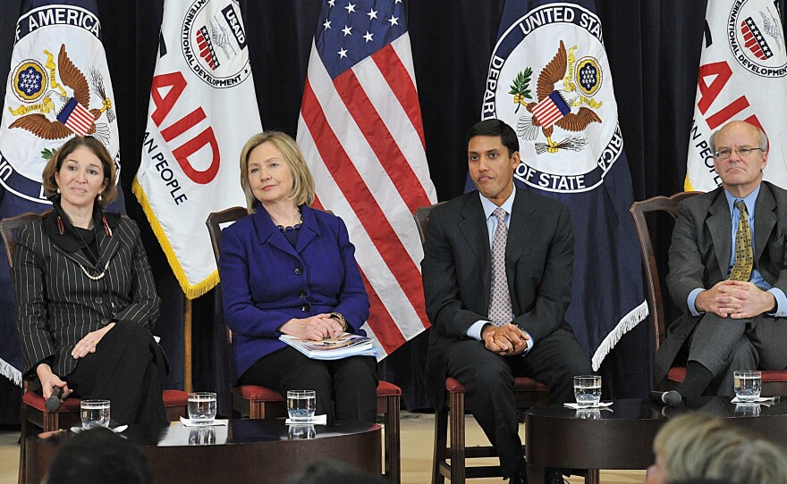 Anne-Marie Slaughter (left) former director of policy planning, sits with Secretary of State Hillary Clinton and fellow State Department employees, USAID Administrator Rajiv Shah and USAID Deputy Administrator Donald Steinberg, far right, in 2010.