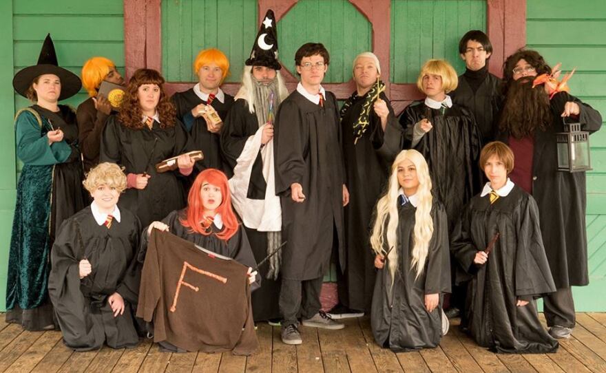The cast of Turning Tydes Theatre Company's "Wicked Wizards: A Potter Parody" performing at San Diego International Fringe.