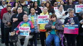 Advocates gather on the steps of the state Capitol in support of the Fight For Our Health Coalition, calling on leaders to address threats to health care coverage, in Sacramento, on Jan. 14, 2026.