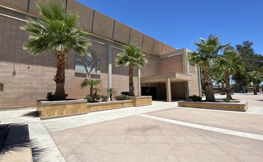 The outside of the Imperial Valley College gym is shown in this undated photo. Inside is a temporary emergency facility to house coronavirus patients in the days before they’re discharged.
