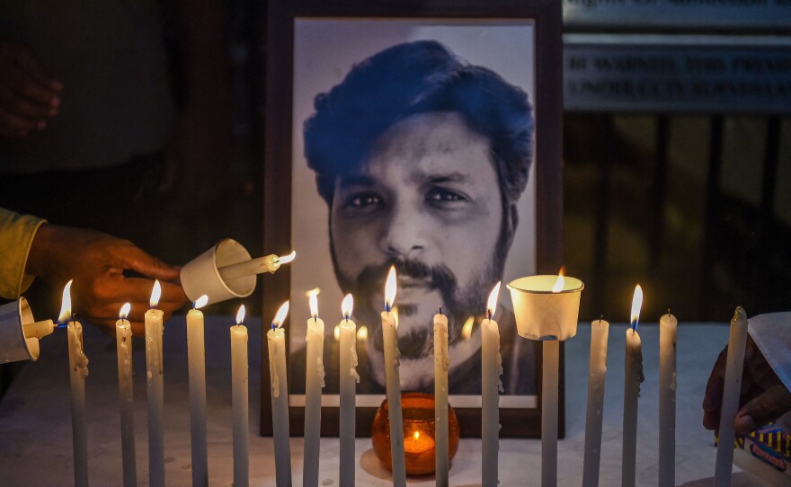 A portrait of Reuters journalist Danish Siddiqui at the press club in Mumbai, July 2021.