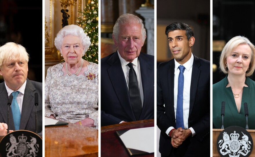 Former U.K Prime Minister Boris Johnson, Queen Elizabeth II, King Charles III, current U.K. Prime Minister Rishi Sunak, and former U.K. Prime Minister Liz Truss.