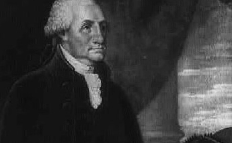 This print shows George Washington holding a proposed plan for the new capital city of Washington.