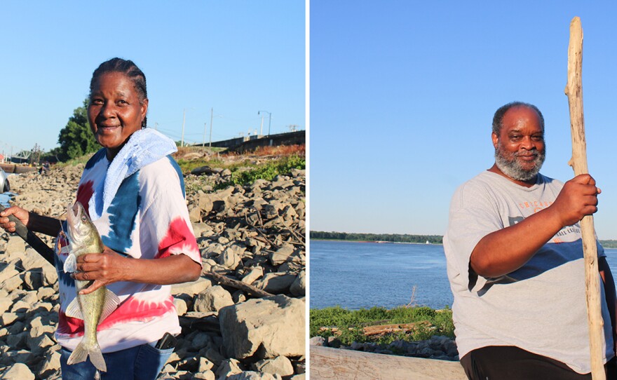 Beverly Davis (left) shows off a catfish along the riverbank in Cairo. Davis fishes often for dinner and gives away much of her catch to the community. Ronnie Woods (right), a local pastor and retired schoolteacher, explains why he got vaccinated against COVID-19: "I have strong faith," Woods says. "And at my age, my risk factors, I just felt that God placed science there to help us."