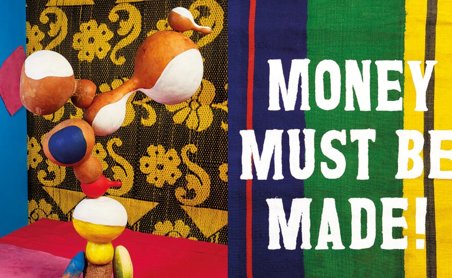 Photographer Lorenzo Vitturi assembled this collage of products sold at the street market of Lagos Island, Nigeria, including the T-shirt that gave him the title for his new book: "Money Must Be Made."