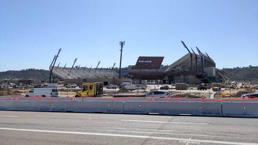 Construction at SDSU Mission Valley is seen in this photo taken Feb. 10, 2022.