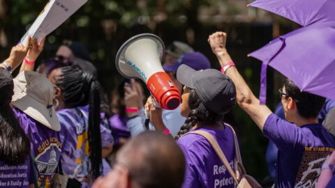 Supporters of SEIU Local 1000, rally in front of the Governor's Mansion in Sacramento on June 8, 2023.