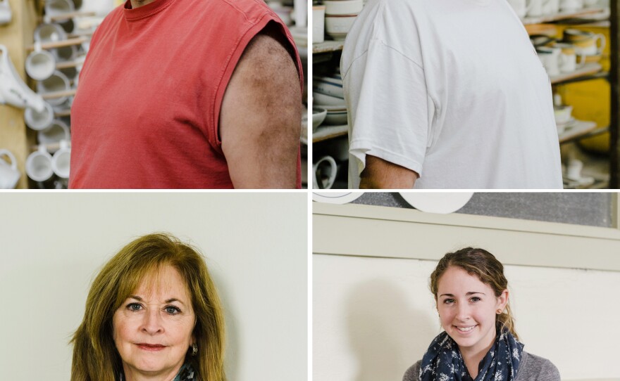 Some of the multigenerational employees of Homer Laughlin: Kevin Manypenny, (top left), a hand liner, is third generation. His brother, Jim Manypenny, is a kiln placer. President Liz McIlvain (bottom left) is fourth generation, and her daughter, Maggie, is an intern for the company.