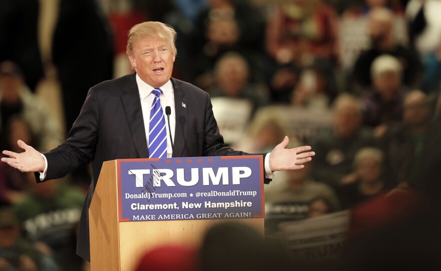 Republican presidential candidate Donald Trump speaks to a crowd at a campaign event Tuesday in Claremont, N.H.