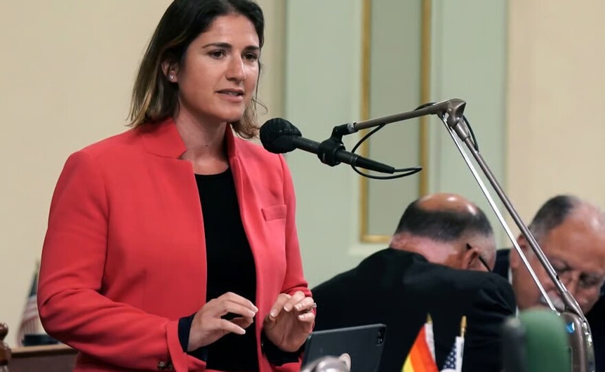 Assemblywoman Rebecca Bauer-Kahan, D-Orinda, urges lawmakers to approve her bill to shield California abortion providers from Texas-style laws, during the Assembly session in Sacramento, Calif., on Monday, May 23, 2022.