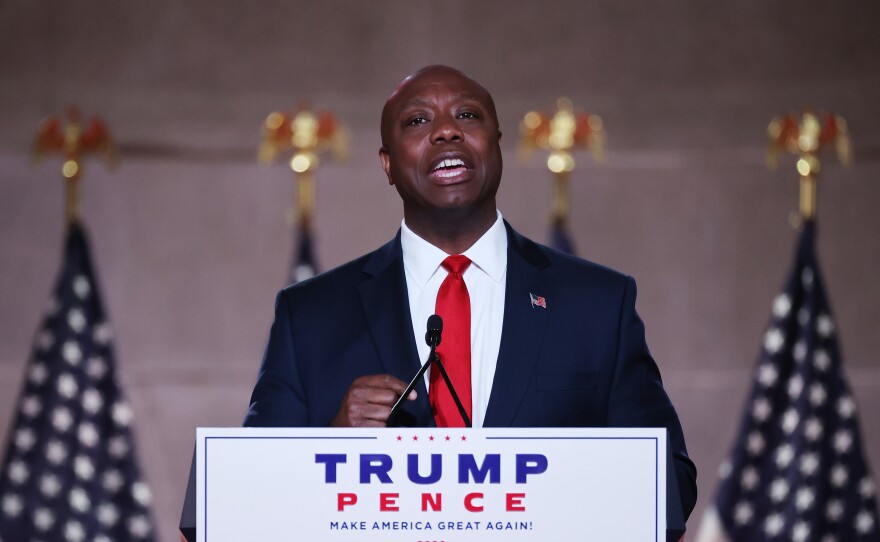 Sen. Tim Scott, R-S.C. addresses the 2020 Republican National Convention. Scott has been talked about as a potential 2024 presidential candidate.