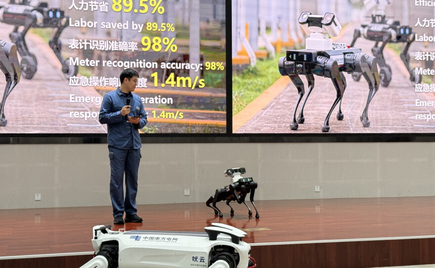 A worker in the Chinese city of Guangzhou showcases a robot dog that the company claims can be more efficient than a human worker.