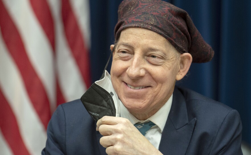 Rep. Jamie Raskin, D-Md., participates in a House Oversight and Accountability Committee hearing on March 29. On Thursday, he announced a preliminary diagnosis that his cancer is in remission after treatments.