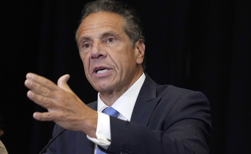 Then-New York Gov. Andrew Cuomo speaks during a news conference at New York's Yankee Stadium on July 26, 2021. Cuomo sued Attorney General Letitia James on Thursday, Aug. 11, 2022, arguing that James violated state law by denying him public assistance for his defense in a sexual harassment claim.