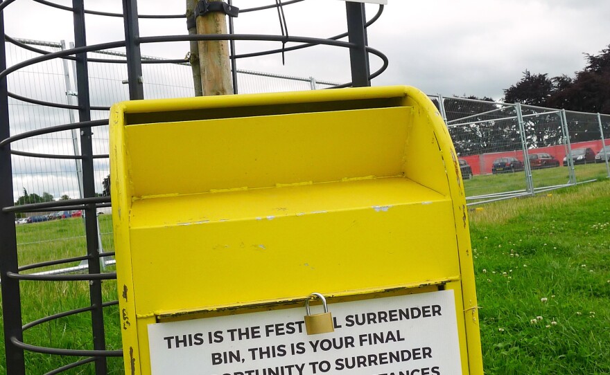 Drug surrender bins at the entrance to Kendal Calling.