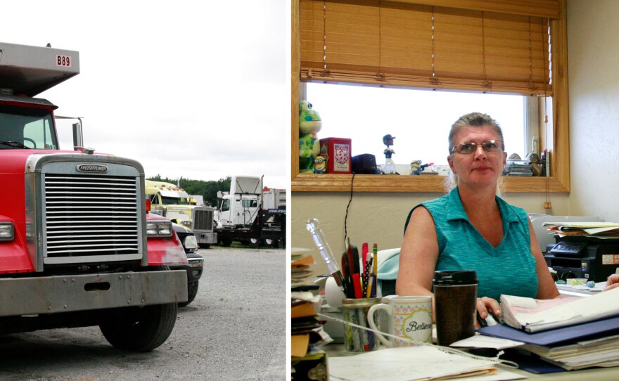 (Left) For Barron Trucking, the opening of the mine has increased business. (Right) Jen Barron, who works at Barron Trucking, says they have brought on more mechanics since the mine opened but that it is still hard to find workers.
