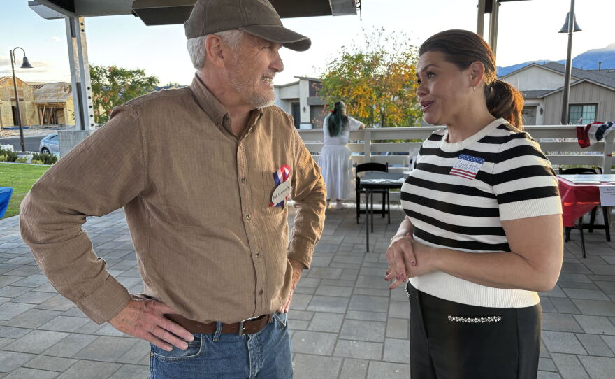 Teresa Benitez-Thompson (right), the Democratic nominee in Nevada's 2nd Congressional District, attends a candidate open house put on by Moderates for Democracy, in Reno on Sept. 28.