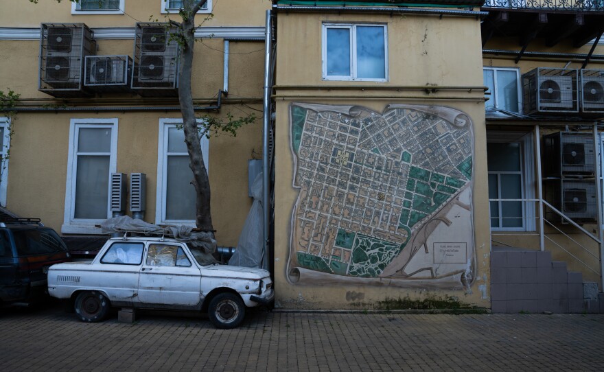 A historic map of the city is seen on a wall in Odesa.