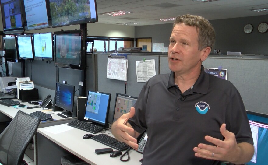 KPBS Rountable Host Mark Sauer meets with Meteorologist Alex Tardy at his National Weather Service office in Rancho Bernardo. March 4th, 2019.