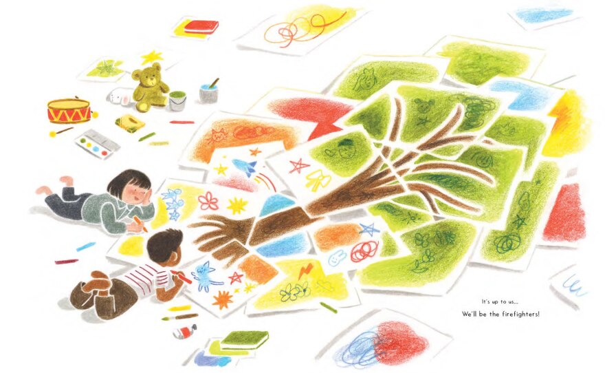 Interior pages are shown from Viet Thanh Nguyen and Minnie Phan's "Simone." Two small children lie on their bellies with crayons and a bunch of sheets of paper spread before them. They've colored a tree and scene across all of the pages. "It's up to us... we'll be the firefighters!" the children say.