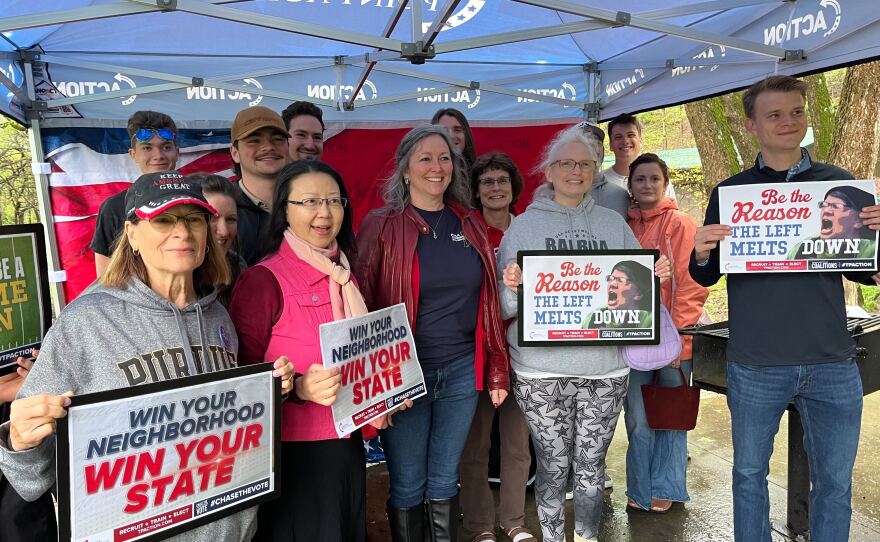 Indiana state senate hopeful Paula Copenhaver stands with supporters at a Turning Point USA event April 18. Copenhaver is challenging incumbent state Sen. Spencer Deery and has President Trump's endorsement.