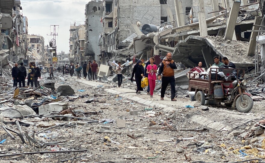 Palestinians returning to Khan Younis on April 8 found immense damage after Israeli forces withdrew from the city after a four-month battle with Hamas there. Many had to go back to tent shelters in Rafah after seeing the extent of damage to their homes.
