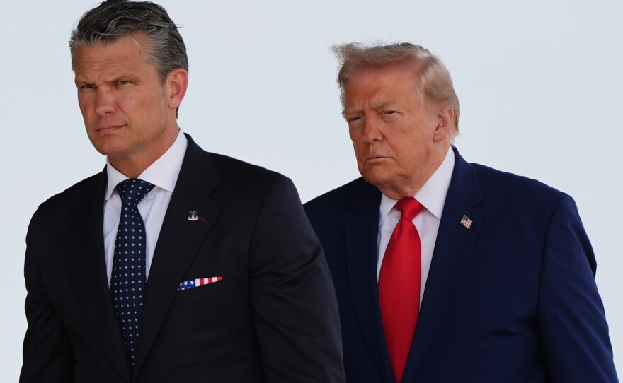 Defense Secretary Pete Hegseth and President Trump attend the dignified transfer of four U.S. service members recently killed in the Middle East, July 22, at Dover Air Force Base, Del.