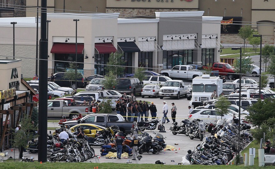 Prosecutors in McLennan County, Texas, said that all remaining charges related to the deadly melee between rival motorcycle gangs outside a Waco restaurant in May 2015 would be dropped. The aftermath of the shooting is seen here.