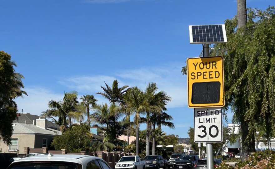 A radar feedback sign in the Crown Point neighborhood of Pacific Beach in San Diego. Feb. 21 2026