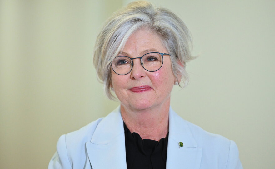 Australian independent member of parliament Helen Haines speaks to journalists in the Press Gallery at Parliament House in Canberra, Australia, Tuesday, Sept. 8, 2026.