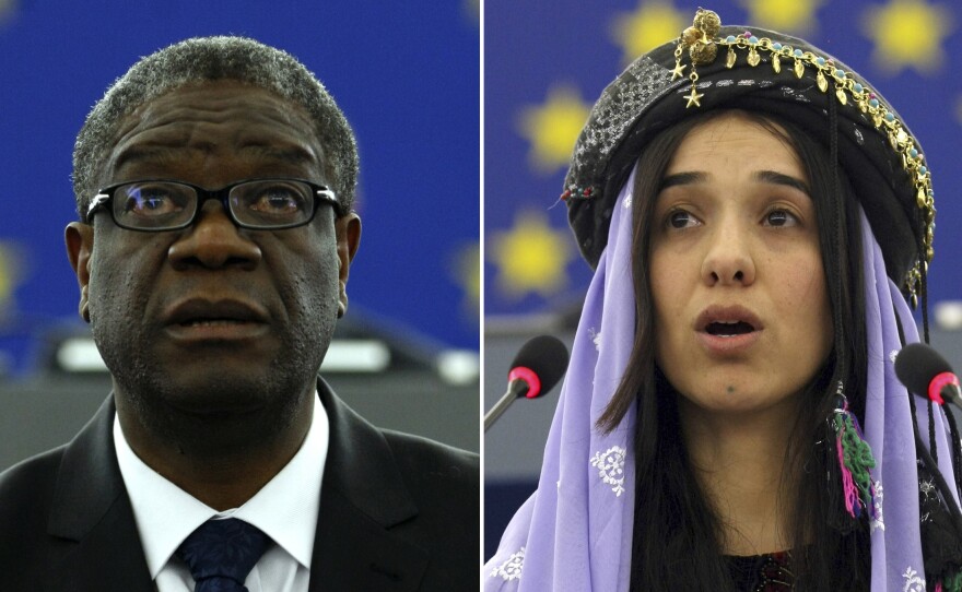 Dr. Denis Mukwege (left), from the Democratic Republic of the Congo, in 2014 and Nadia Murad, a Yazidi woman from Iraq, in 2016 as they both address the European parliament in Strasbourg, France. The pair won the 2018 Nobel Peace Prize for their work to highlight and eliminate the use of sexual violence as a weapon of war.