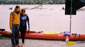 Mimi Hughes, right, and her daughter Kelsey, at the start of Mimi's swim down the 1,777 mile Danube River. Kelsey kayaked alongside her mother down the length of the river providing support. 