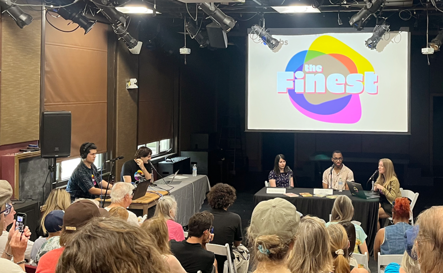 The Finest records a live panel with authors Emily Greenberg and Moses Ose Utomi at the KPBS San Diego Book Festival on Aug. 23, 2025.