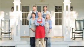 In a renovated 1806 farmhouse, the cast scientifically re-imagines family-friendly recipes for the modern home cook. Pictured, Christopher Kimball (center) flanked by cooks Erin McMurrer (left) and Bridget Lancaster (right) and equipment expert Adam Ried (upper left) and the Tasting Lab's Jack Bishop (upper right).